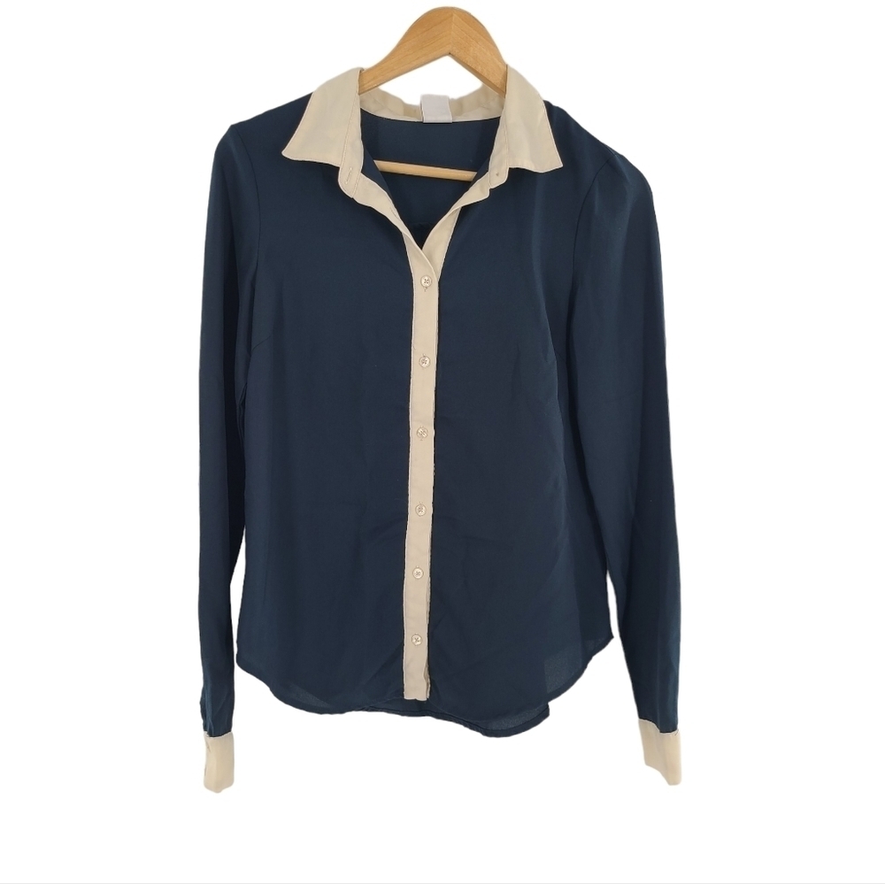Vero Moda Collared Button Down‎ Navy Blue With Beige Contrast Sz Small